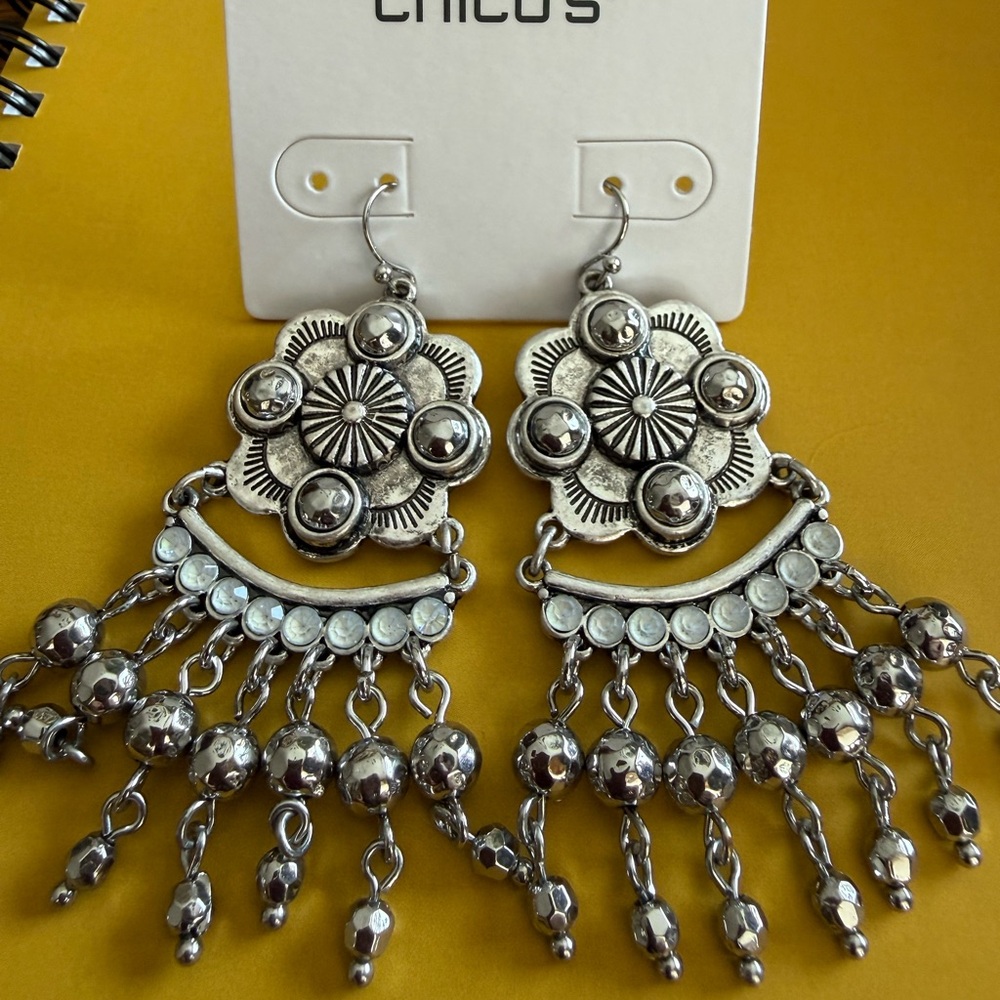 Chico's Silver Floral Dangle Earrings Chandelier/ pierced